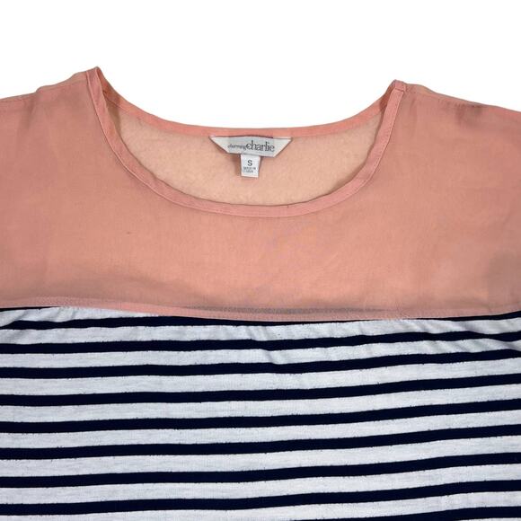Charming Charlie Sleeveless Stripe Tee Shirt Blouse Sheer Peach Chiffon Shoulder - Picture 5 of 11
